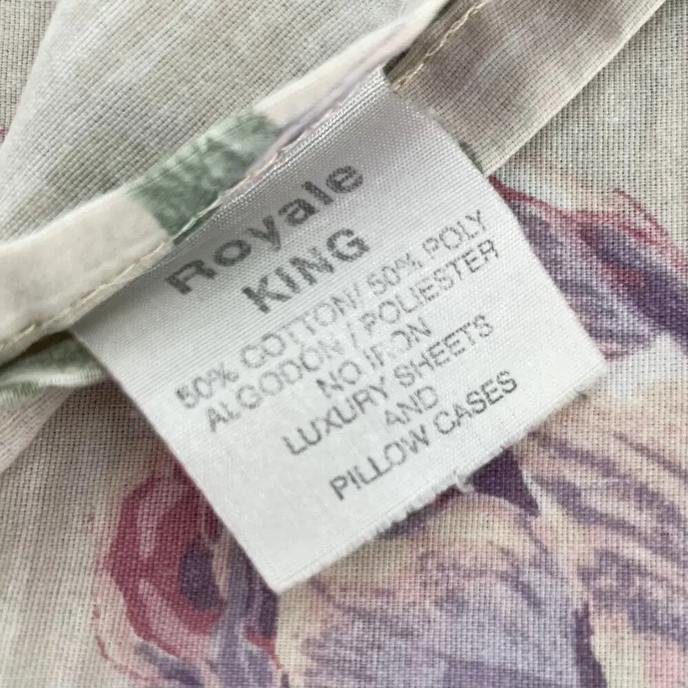 80s Cottagecore Tulip Floral Stripe King Flat Sheet 1980s Vintage